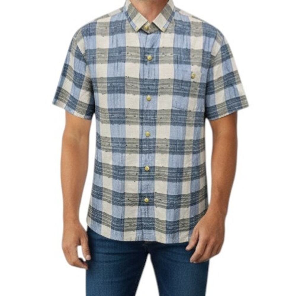 Tommy Bahama Island Modern Fit Shirt XL Silk Cotton Short Sleeve Plaid Gray/Blue